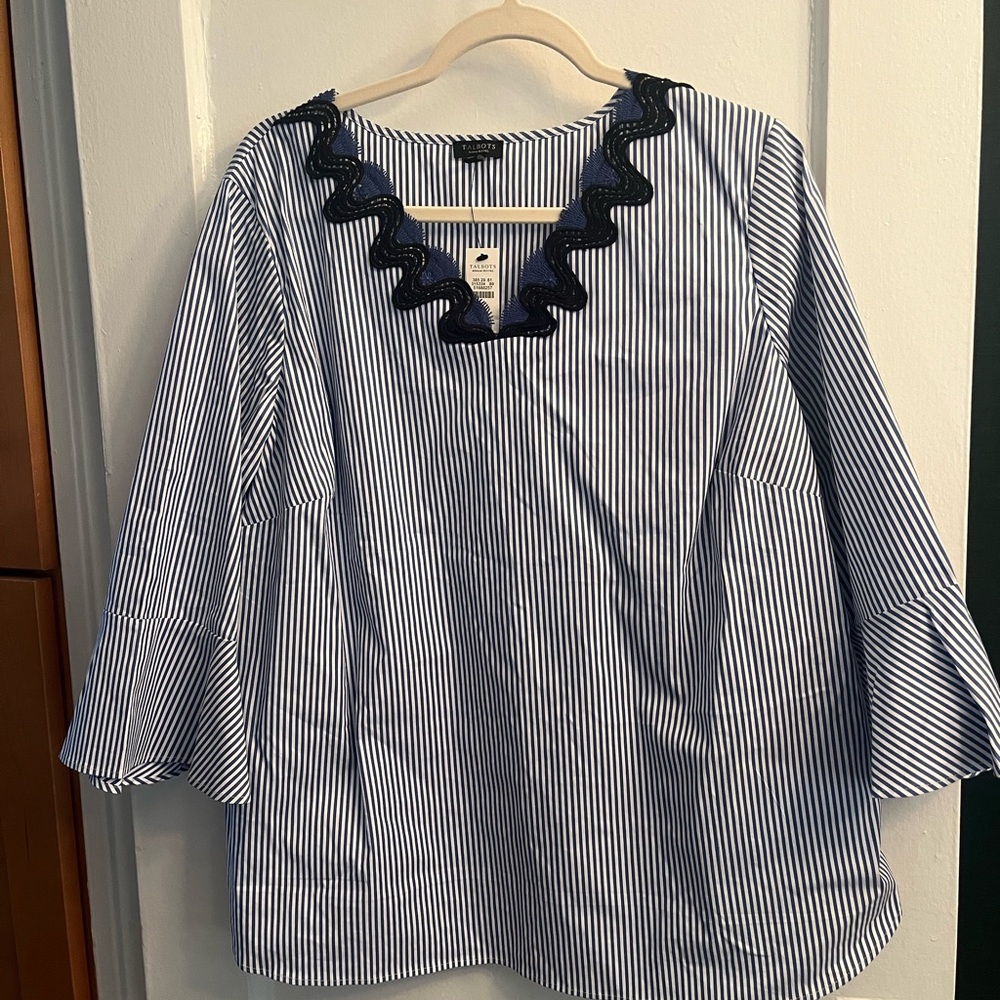 Talbots Navy and White Striped Blouse